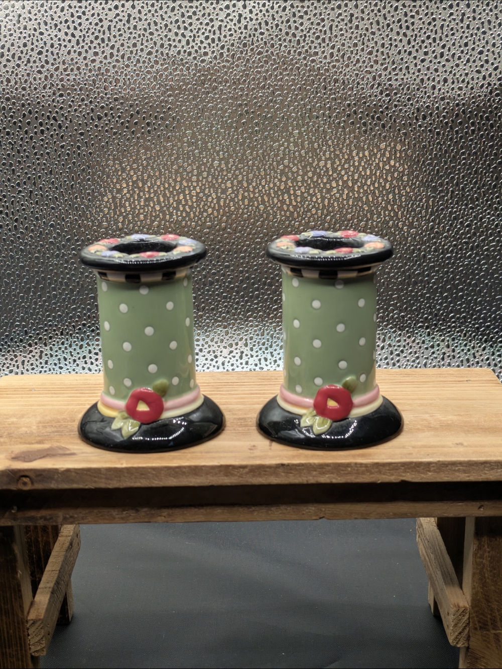 Polka Dot Ceramic Candlestick Holders in Mint Green (Pair) Mary Engelberit